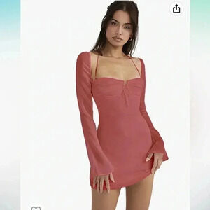 (37)Women's  Long Puff Sleeve Mini Bodycon Mesh Dress​